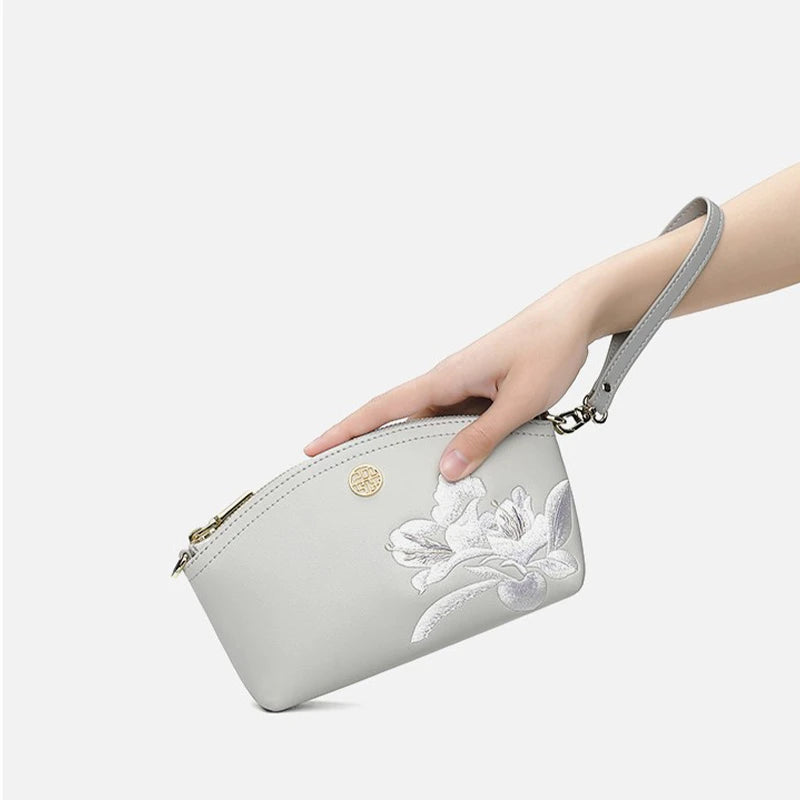 Embroidery Leather Grey Camellia Women Handbag Wallet