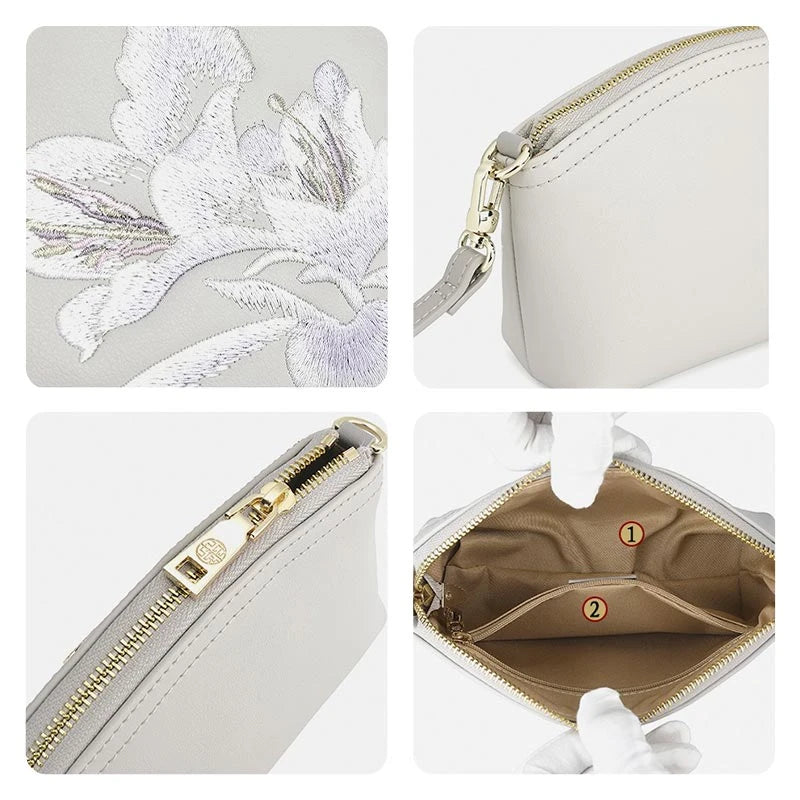 Embroidery Leather Grey Camellia Women Handbag Wallet