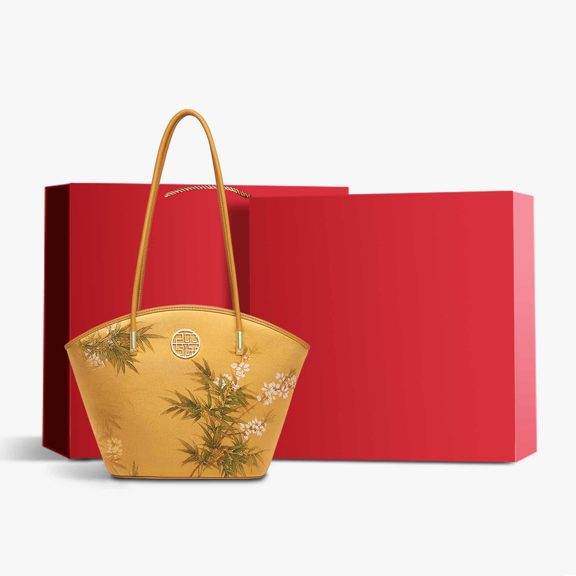 Mulberry Silk Handcrafted Bamboo Tote Bag-Tote Bag-SinoCultural-Yellow-Bag with Gift Box-P220263-1-g-SinoCultural
