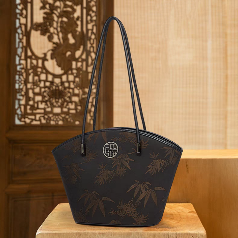 Mulberry Silk Handcrafted Bamboo Tote Bag-Tote Bag-SinoCultural-Black-Single Bag-P220263-2-SinoCultural
