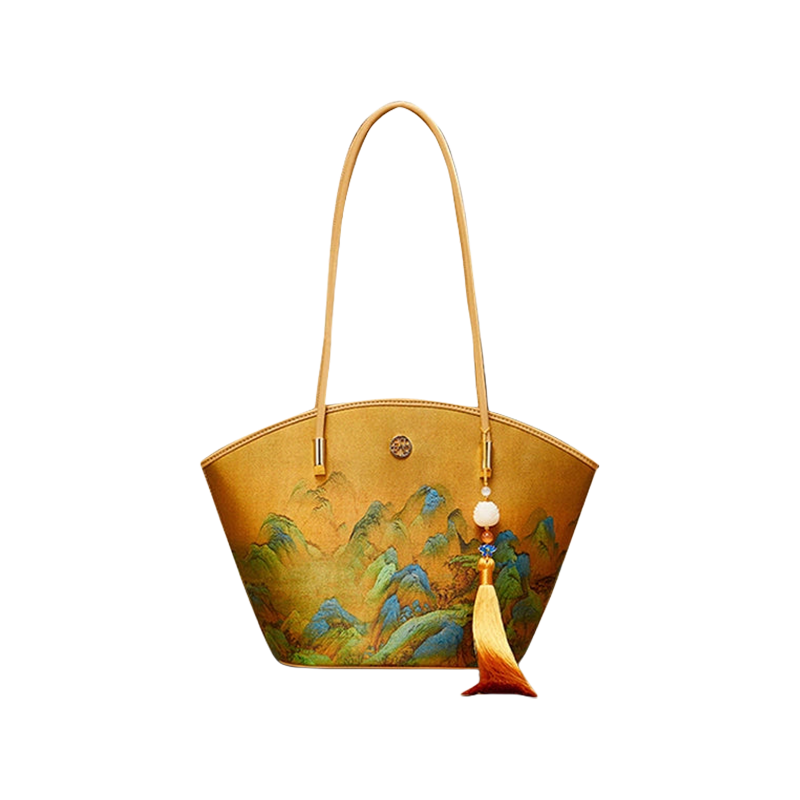 Chinese Painting Mulberry Silk Tote Bag Green Women Handbag