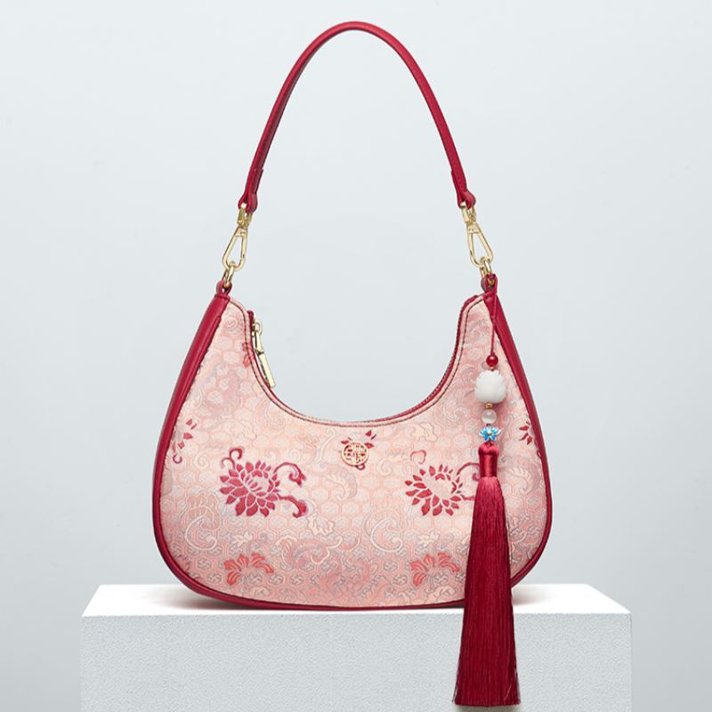 Song Brocade Traditional Pink Lotus Shoulder Bag-Handbag-SinoCultural-SinoCultural