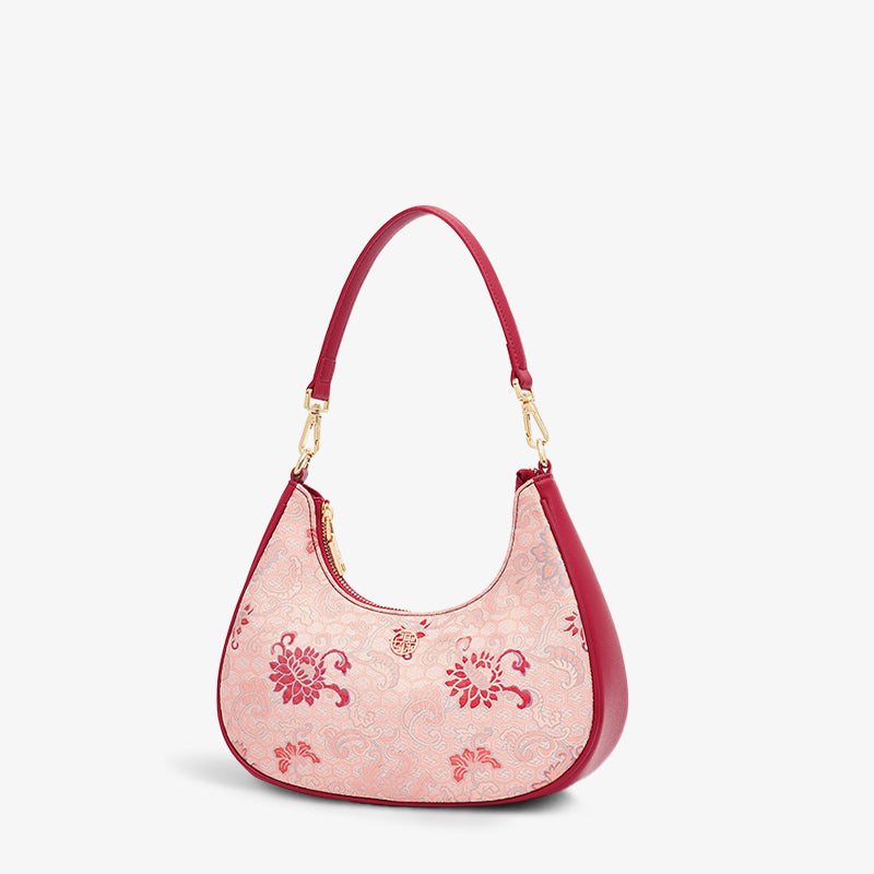 Song Brocade Traditional Pink Lotus Shoulder Bag-Handbag-SinoCultural-Pink-Single Bag-P220278A01-SinoCultural
