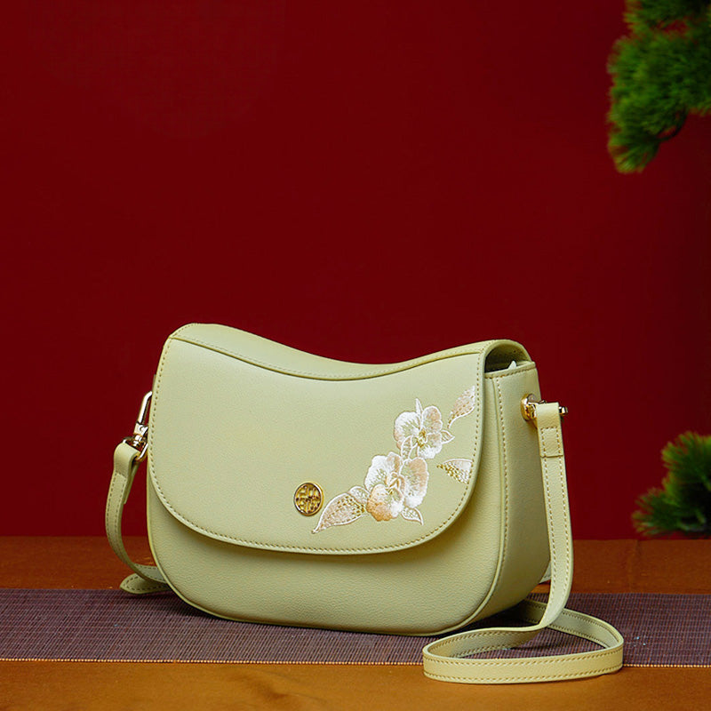 Embroidery Leather Shoulder Saddle Bag White Phalaenopsis-Shoulder Bag-SinoCultural-SinoCultural
