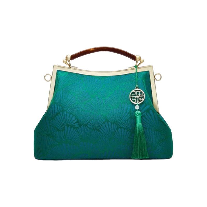 Mulberry Silk Green Pine Leaf Vintage Kiss Lock Clasp Bag - SinoCultural