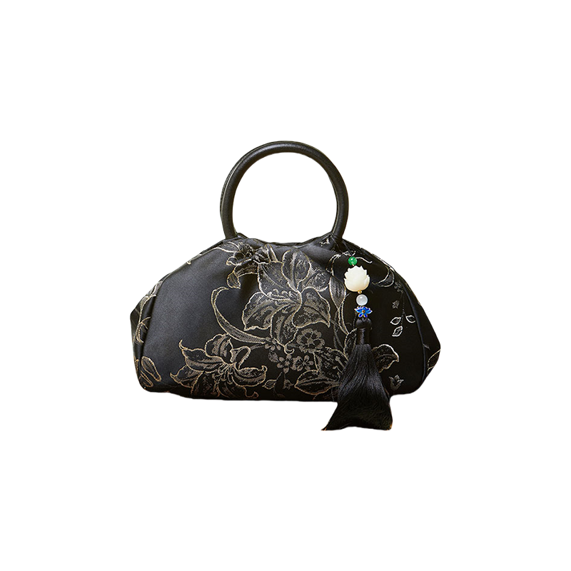 Brocade Chinese Style Bag Black Floral Handbag - SinoCultural