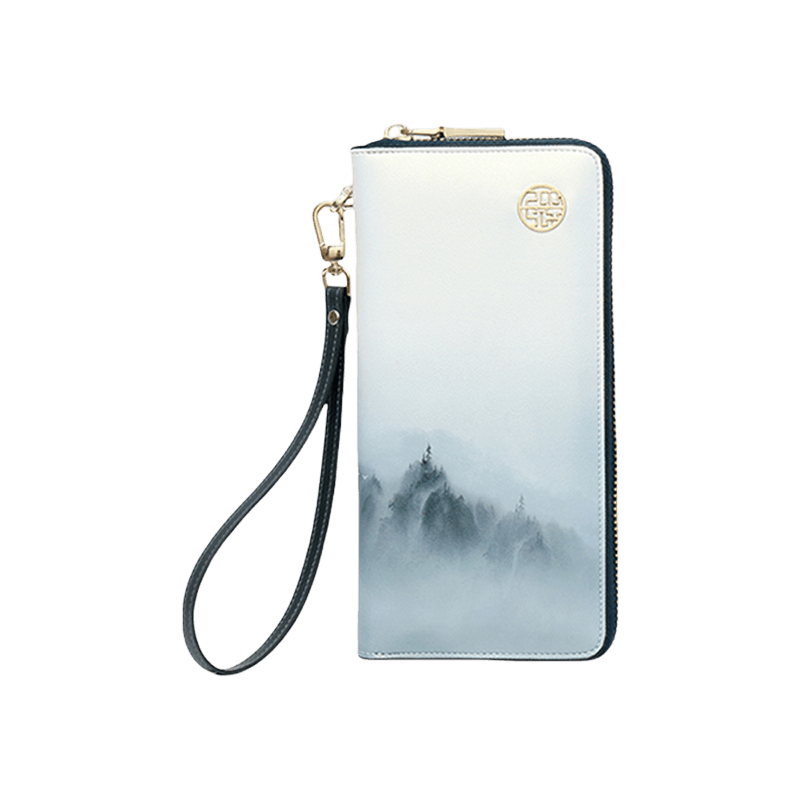 Chinese Style Cloud Mountain Blue Printed Cowhide Wallet