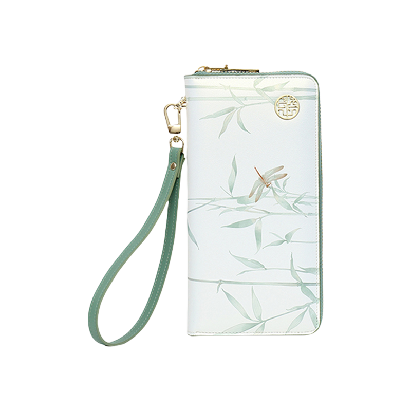 Split Leather Green Card Holder Wallet Bamboo Leaf Print - SinoCultural