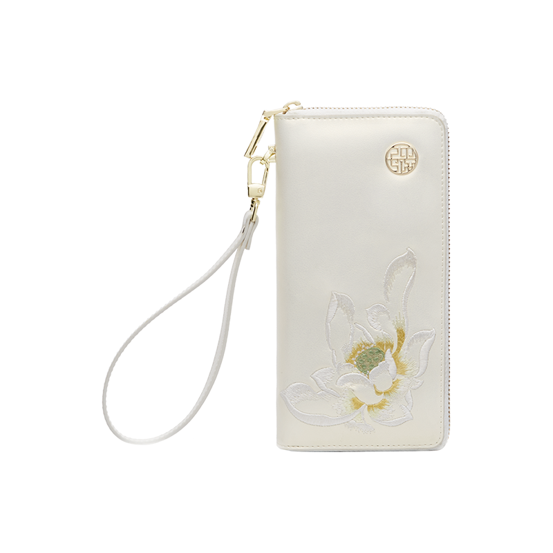 Embroidery Leather Wallet White Lotus - SinoCultural