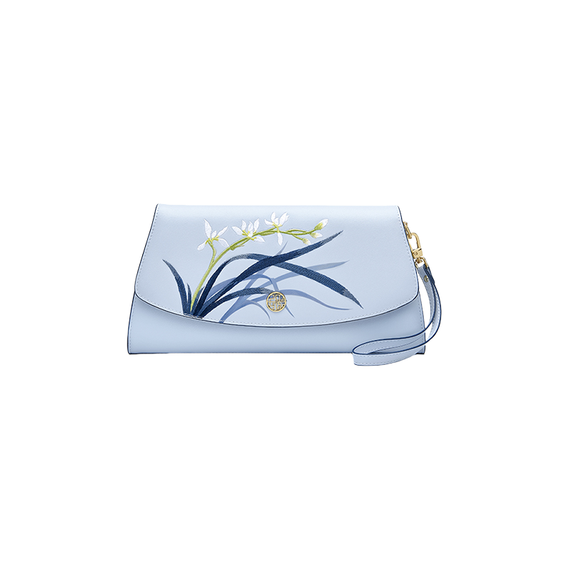 Embroidery Leather Clutch Bag Blue Orchid Elegant Handbag - SinoCultural