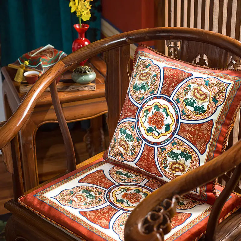 Chinoiserie Red-Yellow Glass Chinese Imperial Chair Cushion