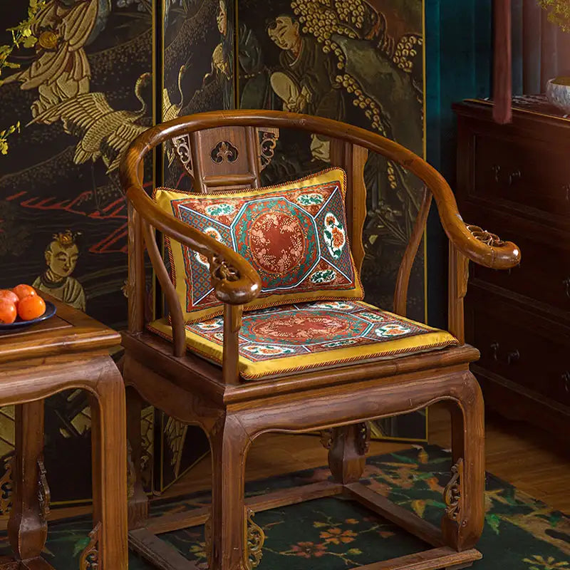 Chinoiserie Red-Yellow Glass Chinese Imperial Chair Cushion