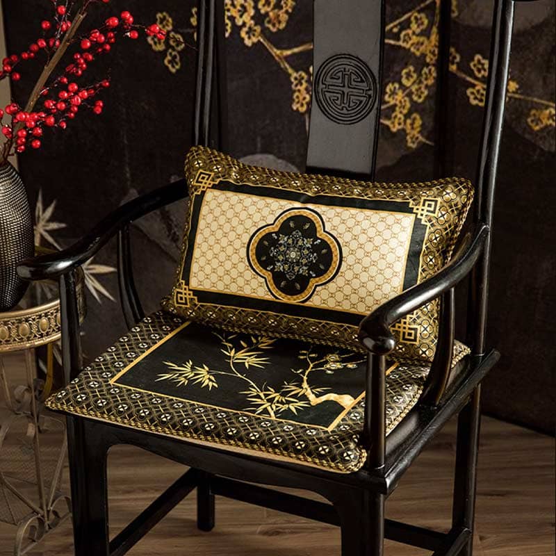 Chinoiserie Vintage Short Plush Lumbar Pillow Black-Gold Bamboo - SinoCultural