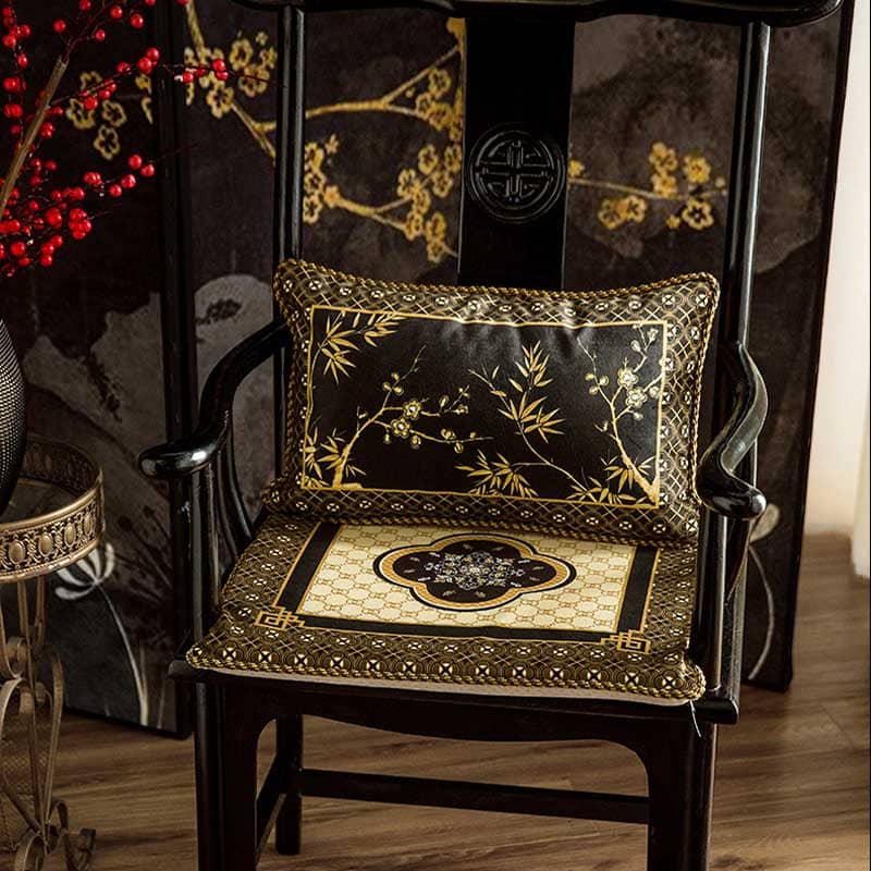 Chinoiserie Vintage Short Plush Lumbar Pillow Black-Gold Bamboo