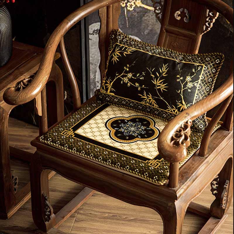 Chinoiserie Vintage Short Plush Lumbar Pillow Black-Gold Bamboo