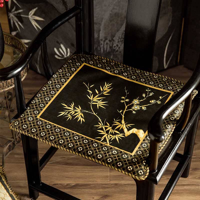 Chinoiserie Black-Gold Bamboo Vintage Wooden Chair Cushion