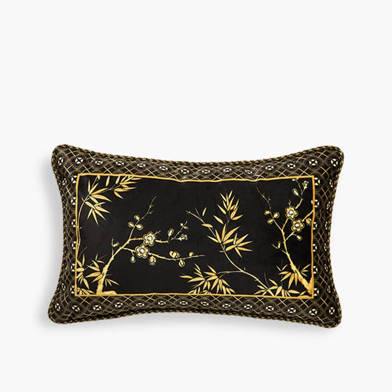 Chinoiserie Vintage Short Plush Lumbar Pillow Black-Gold Bamboo