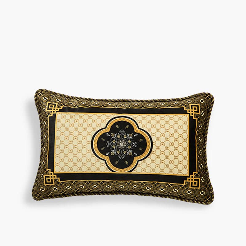 Chinoiserie Vintage Short Plush Lumbar Pillow Black-Gold Bamboo