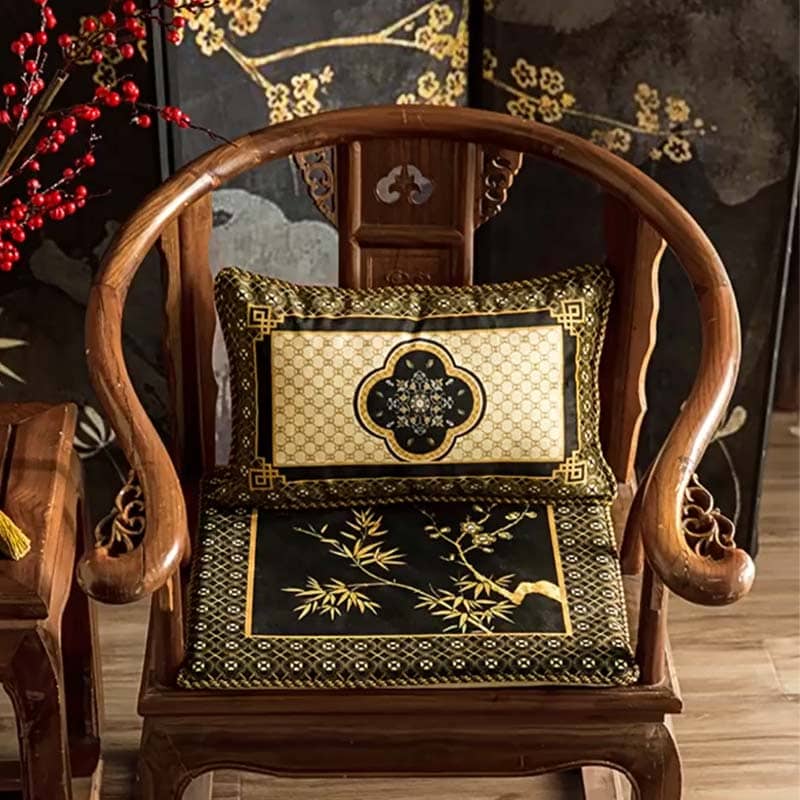 Chinoiserie Vintage Short Plush Lumbar Pillow Black-Gold Bamboo - SinoCultural