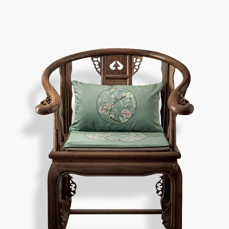 Chinoiserie Blue-Green Sparrow Short Plush Wooden Chair Cushion - SinoCultural