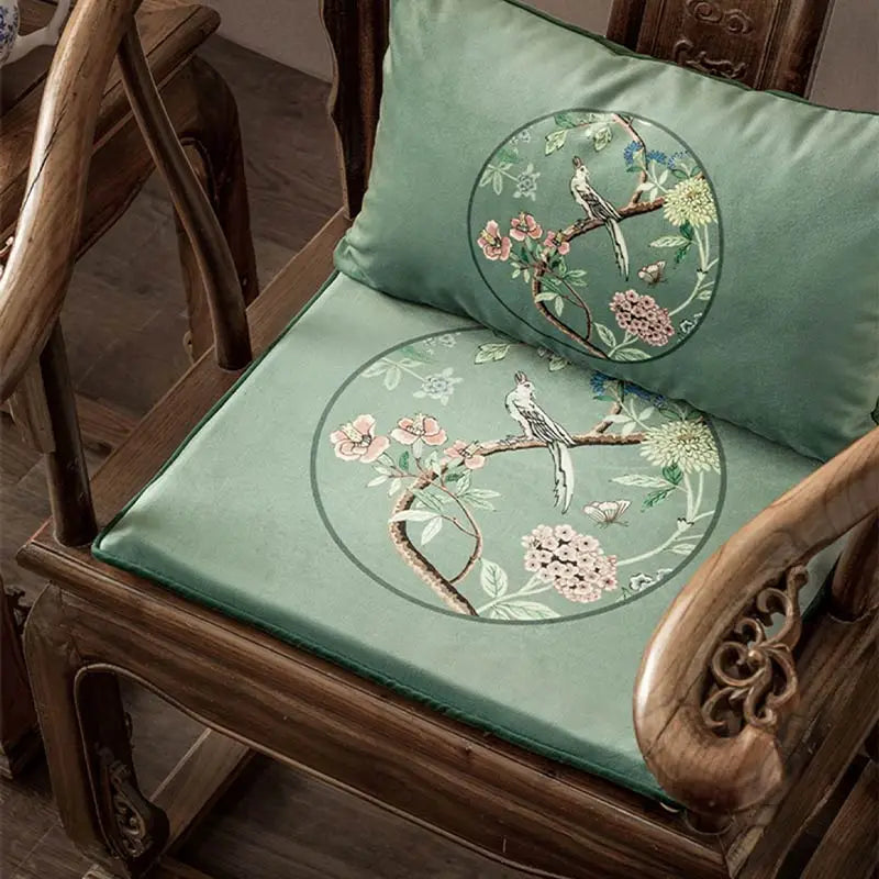 Chinoiserie Blue-Green Sparrow Short Plush Wooden Chair Cushion - SinoCultural