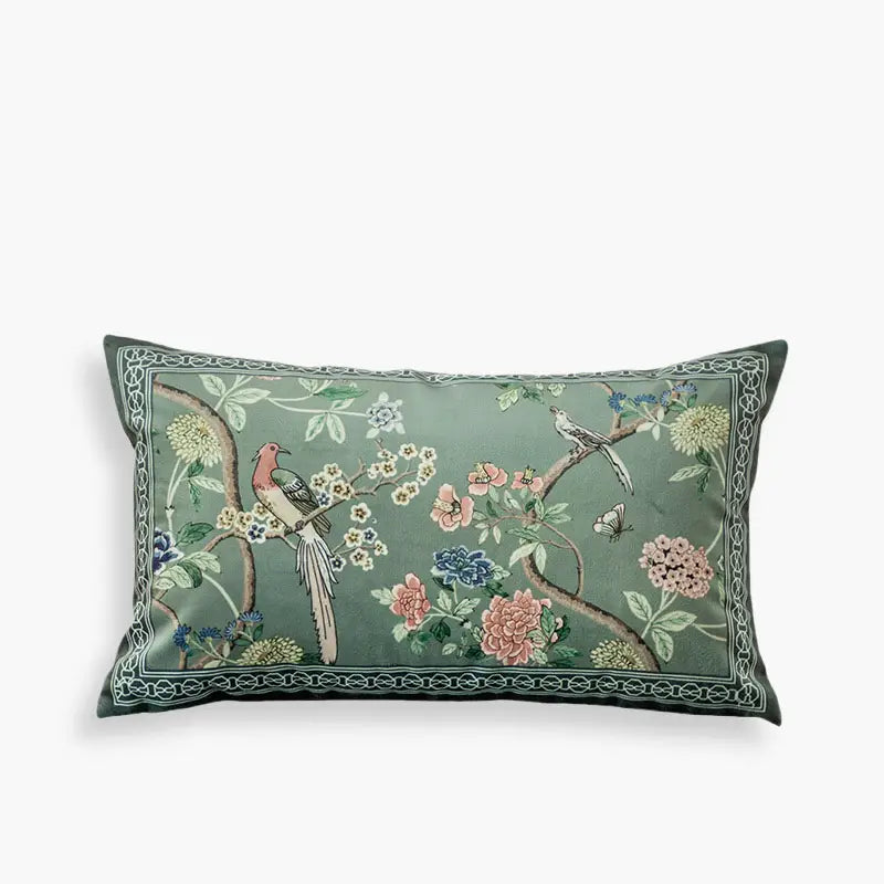 Chinoiserie Blue-Green Sparrow Short Plush Lumbar Pillow