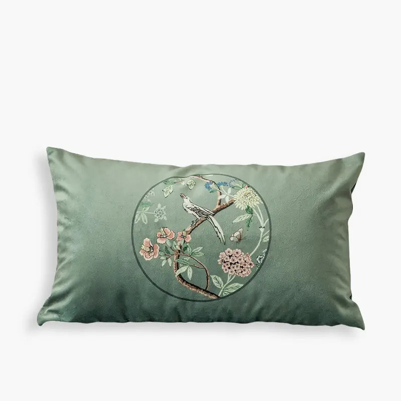 Chinoiserie Blue-Green Sparrow Short Plush Wooden Chair Cushion - SinoCultural