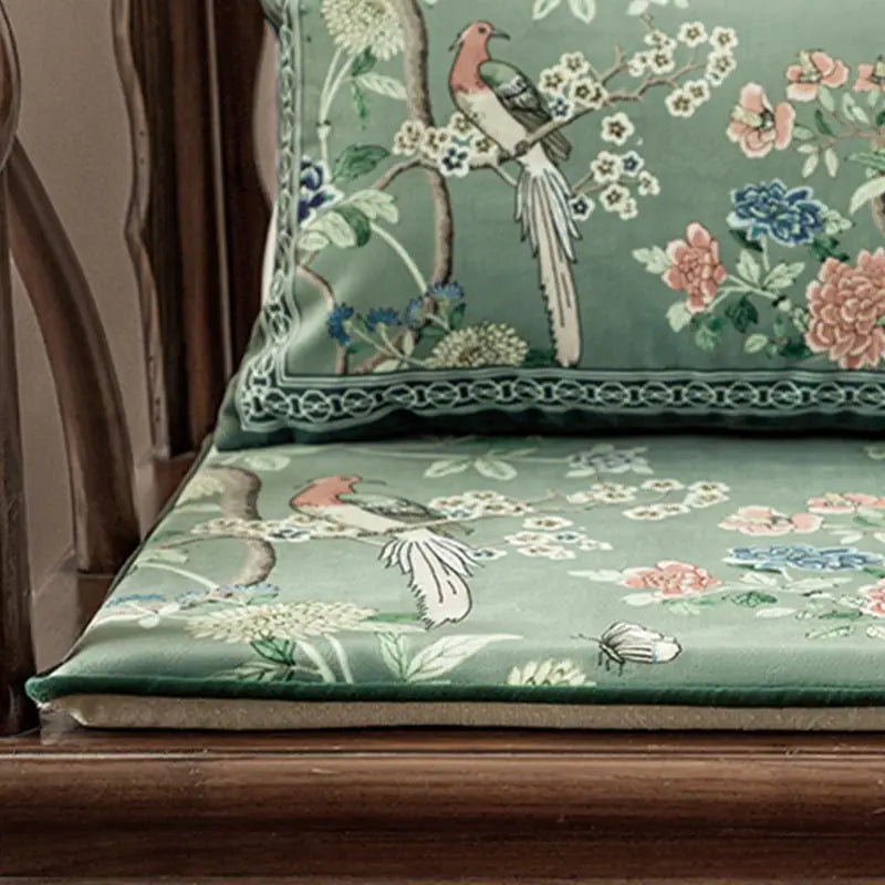 Chinoiserie Blue-Green Sparrow Short Plush Wooden Chair Cushion - SinoCultural