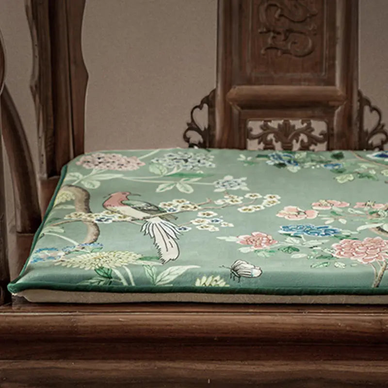 Chinoiserie Blue-Green Sparrow Short Plush Wooden Chair Cushion - SinoCultural