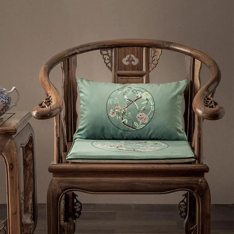 Chinoiserie Blue-Green Sparrow Short Plush Wooden Chair Cushion