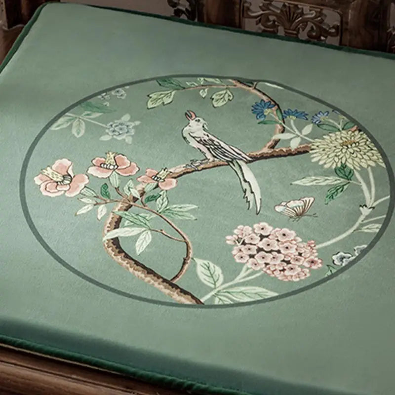 Chinoiserie Blue-Green Sparrow Short Plush Wooden Chair Cushion