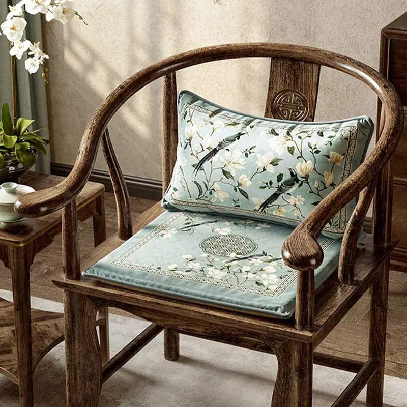 Chinoiserie Magpie and Magnolia Short Plush Chair Cushion