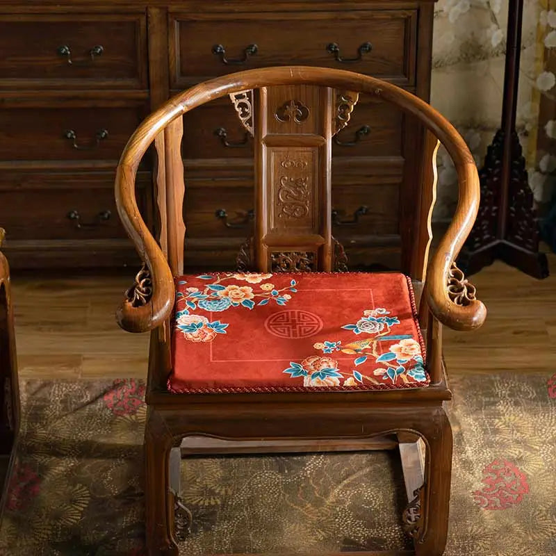 Chinoiserie Classical Red Flowers and Birds Short Plush Chair Cushion