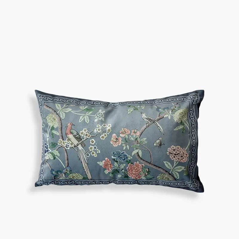 Chinoiserie Vintage Gray Blue Short Plush Lumbar Pillow