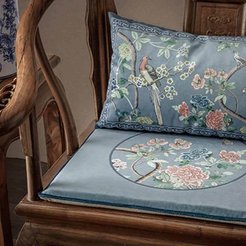 Chinoiserie Blue Floral Bird Pattern Short Plush Sofa Chair Cushion - SinoCultural -- SC024A38 - 
