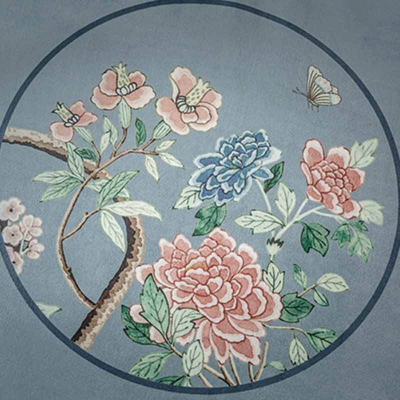 Chinoiserie Blue Floral Bird Pattern Short Plush Sofa Chair Cushion - SinoCultural -- SC024A38 - 