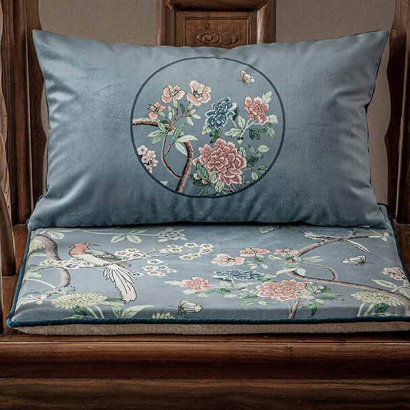 Chinoiserie Blue Floral Bird Pattern Short Plush Sofa Chair Cushion - SinoCultural -- SC024A38 - 