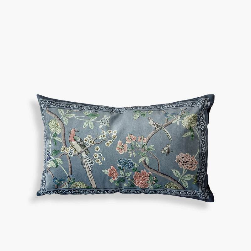 Chinoiserie Blue Floral Bird Pattern Short Plush Sofa Lumbar Pillow - SinoCultural -- WP024A01 - 