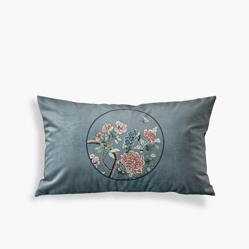 Chinoiserie Blue Floral Bird Pattern Short Plush Sofa Lumbar Pillow - SinoCultural -- WP024A01 - 