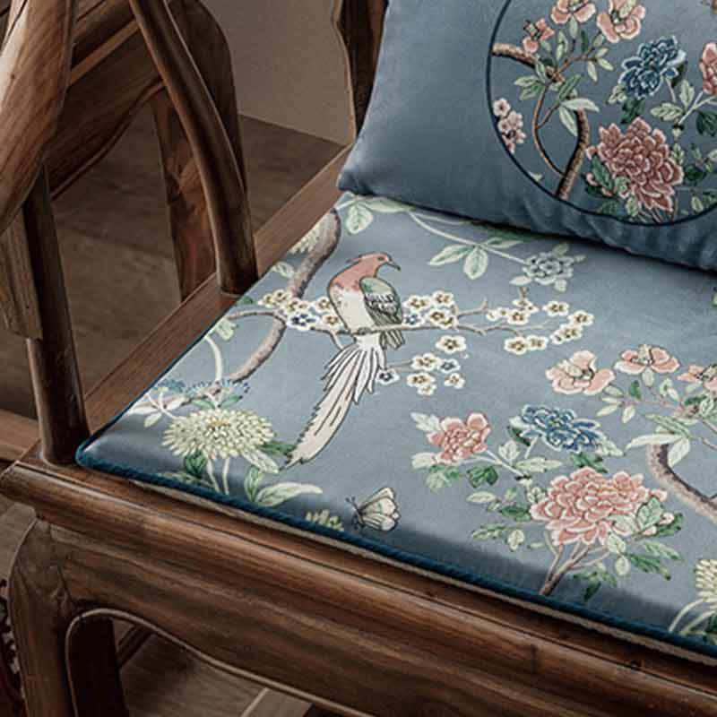 Chinoiserie Blue Floral Bird Pattern Short Plush Sofa Chair Cushion - SinoCultural -- SC024A38 - 