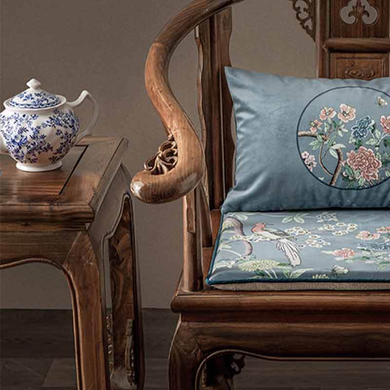 Chinoiserie Blue Floral Bird Pattern Short Plush Sofa Chair Cushion - SinoCultural -- SC024A38 - 