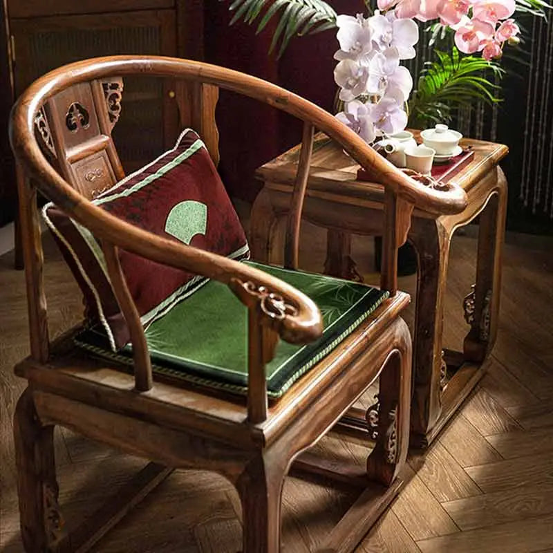 Chinoiserie Bamboo and Plum Blossoms Short Plush Green Chair Cushion