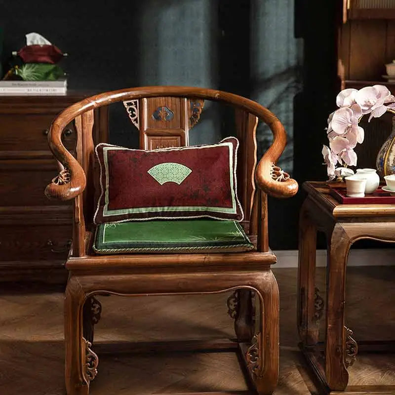 Chinoiserie Bamboo and Plum Blossoms Short Plush Green Chair Cushion