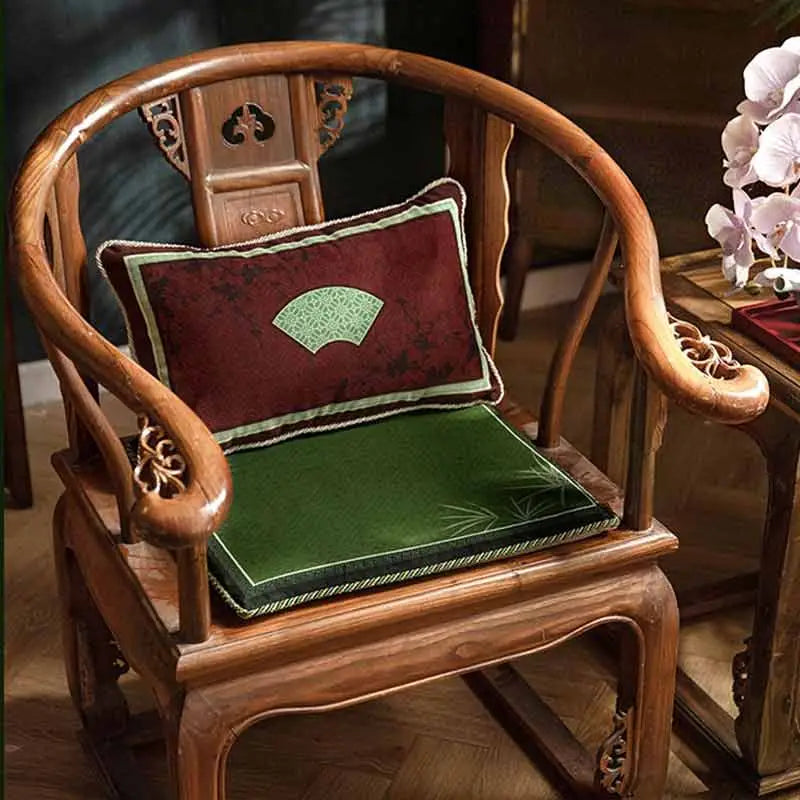 Chinoiserie Bamboo and Plum Blossoms Short Plush Green Chair Cushion