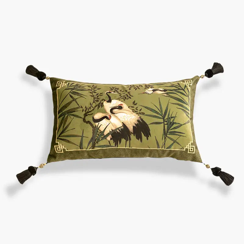 Chinoiserie White Crane Short Plush Lumbar Pillow