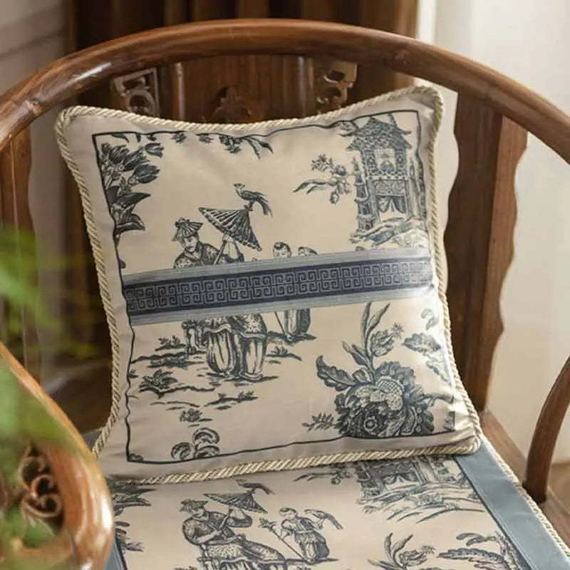 Chinoiserie Blue and White Porcelain Short Plush Chair Cushion