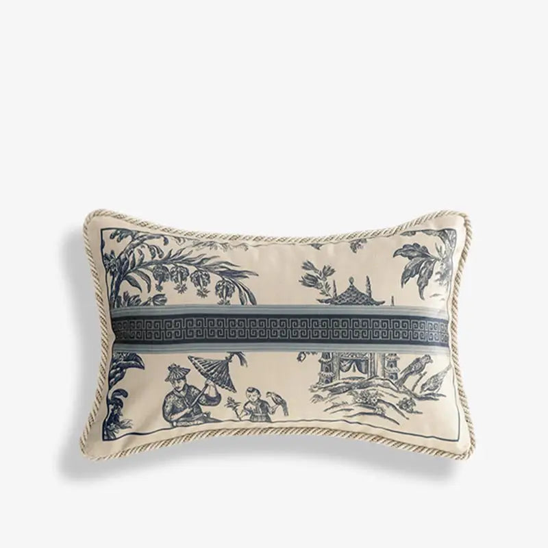 Chinoiserie Short Plush Lumbar Pillow Blue and White Whispers