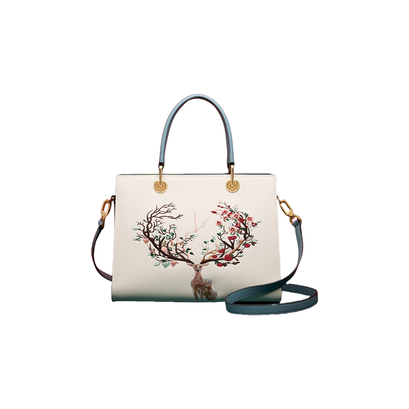 Embroidery Leather Tote Crossbody Bag Tricolor Deer - SinoCultural