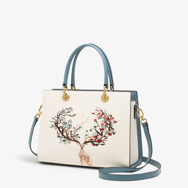 Embroidery Leather Tote Crossbody Bag Tricolor Deer-Tote Bag-SinoCultural-White-Single Bag-SC1068-A2-SinoCultural