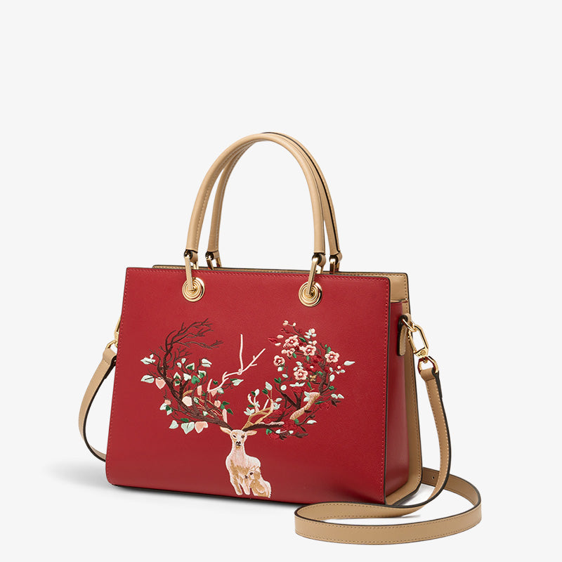 Embroidery Leather Tote Crossbody Bag Tricolor Deer-Tote Bag-SinoCultural-Red-Single Bag-SC1068-A1-SinoCultural